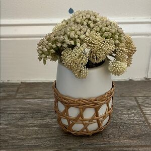 White and Tan Woven Vase with Flowers